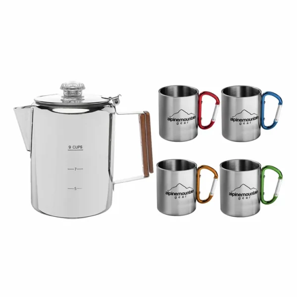 395997064036382 Alpine Mountain Gear Coffee Percolator With 4 Carabiner Mugs